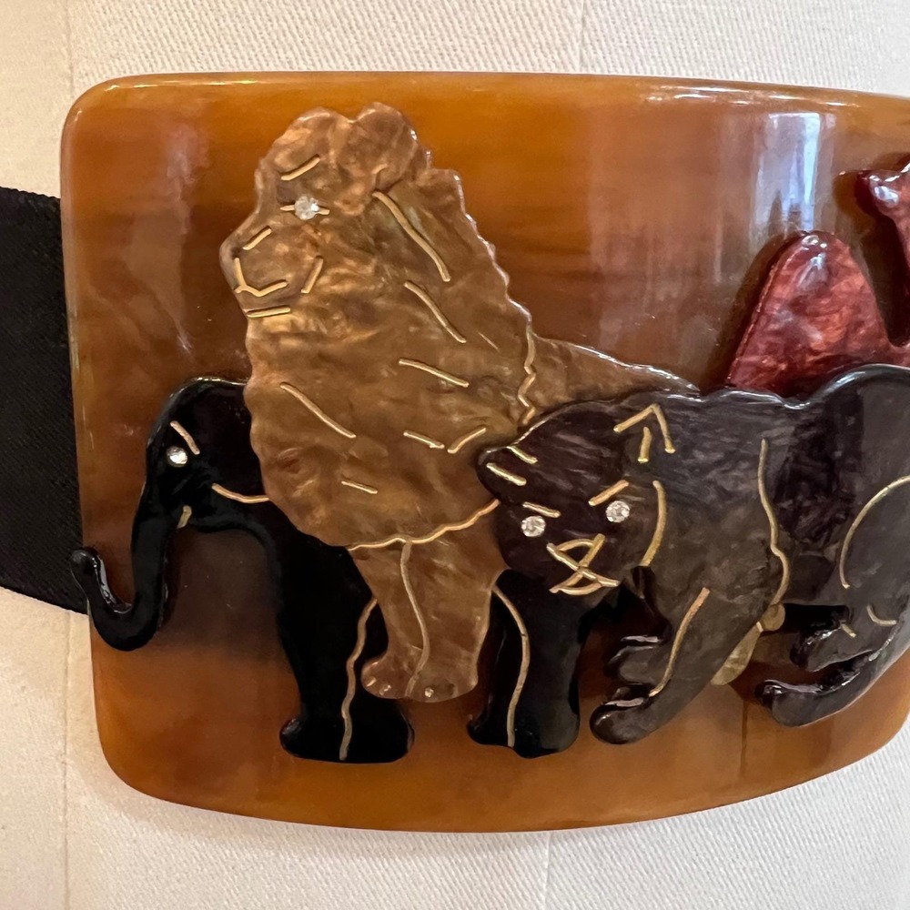 Vintage Safari Animal Resin Buckle Stretch Belt Lion Elephant Statement S-M - Picture 4 of 9